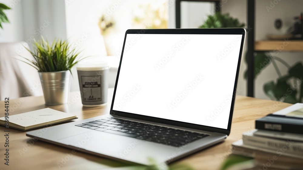 Silver laptop on stylish wooden table with open notebook, coffee cup, and stack of books for work and study in a cozy and productive setting. Silver laptop on stylish wooden table with open notebook, coffee cup, and stack of books for work and study in a cozy and productive setting.