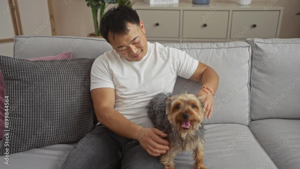 A young asian man enjoys spending time with his pet dog on a comfortable sofa in a cozy living room, showcasing a tranquil indoor home setting. A young asian man enjoys spending time with his pet dog on a comfortable sofa in a cozy living room, showcasing a tranquil indoor home setting.