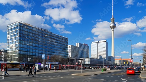 Berlin, Alexanderplatz in a sunny spring day. Park inn hotel, shopping malls, TV tower Fernsehturm and Berlin Alexanderplatz Bahnhof are on the background photo