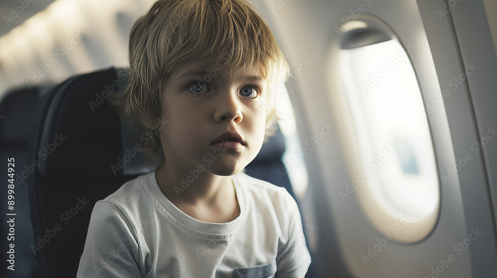 Blond child, white t-shirt, sitting by airplane window, looking outside, curious expression, travel adventures concept Blond child, white t-shirt, sitting by airplane window, looking outside, curious expression, travel adventures concept
