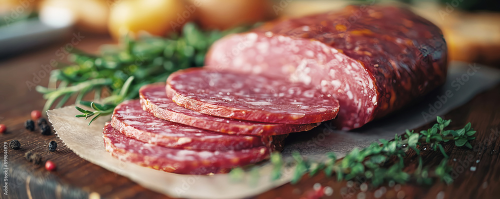 Sliced salami on rustic wooden board with green herbs for a delicious appetizer, gourmet food concept