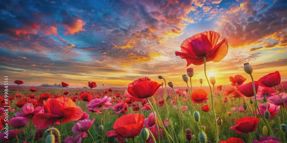 Obraz premium Poppy Field Sunset, Vivid Flowers, Golden Hour, Colorful Sky, Field of Poppies, Nature, Flowers