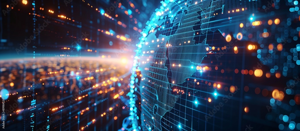 Obraz premium Digital world globe, business network, data network, concept of global network and connectivity, cyber technology, information exchange, high speed data transfer.