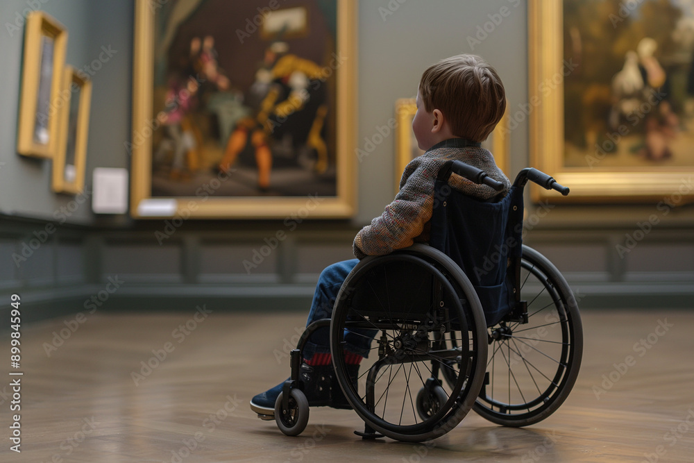Boy in wheelchair admiring paintings in a museum, hild in wheelchair exploring art gallery, highlighting inclusivity and accessibility in cultural and educational environments, copy space Boy in wheelchair admiring paintings in a museum, hild in wheelchair exploring art gallery, highlighting inclusivity and accessibility in cultural and educational environments, copy space