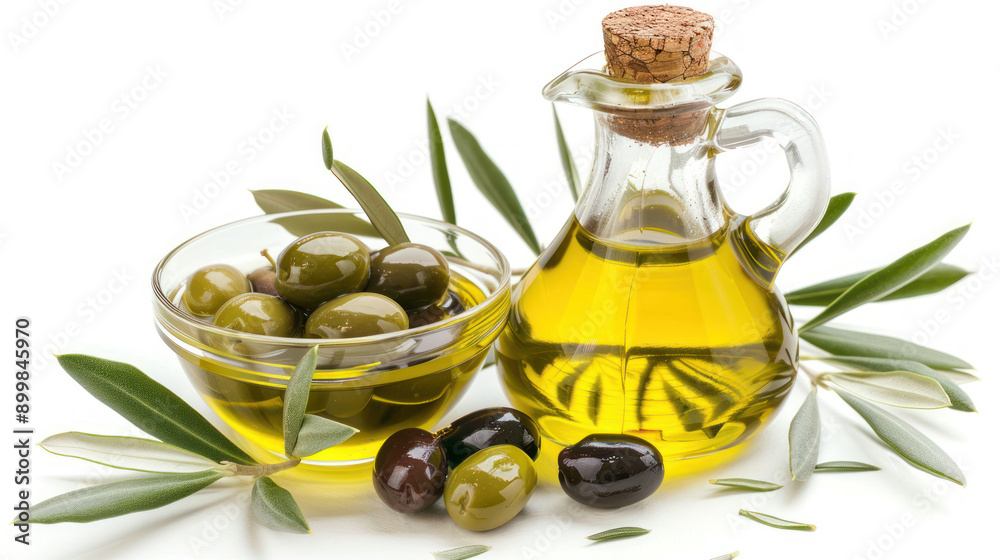 A glass bowl of olive oil is surrounded by a bunch of green leaves A glass bowl of olive oil is surrounded by a bunch of green leaves