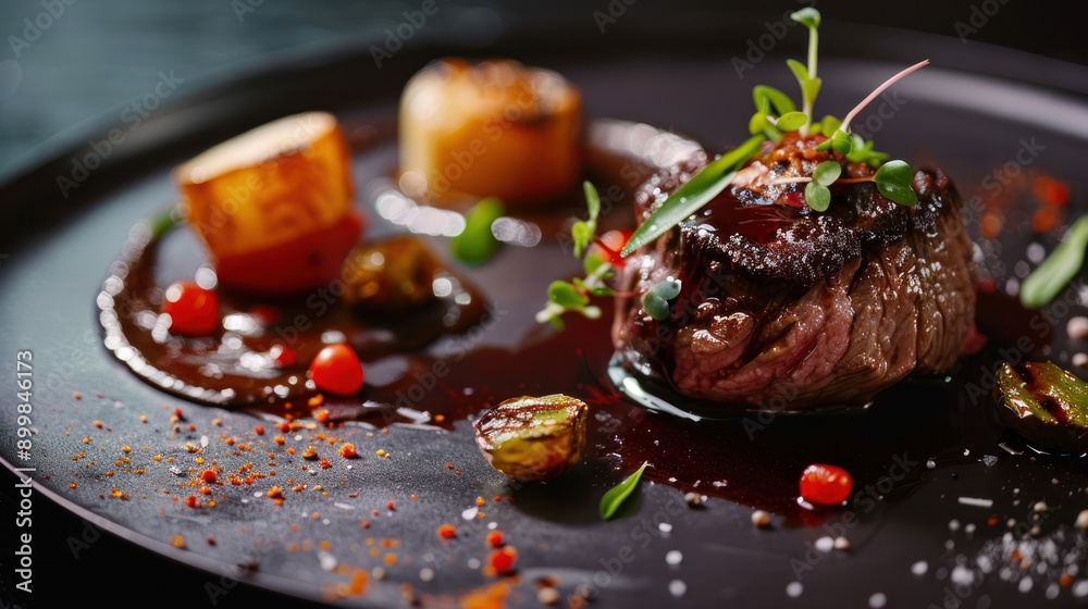 Chef-prepared gourmet dish on a dark plate, epitomizing elegance and luxury, perfect for a high-end dinner setting. Chef-prepared gourmet dish on a dark plate, epitomizing elegance and luxury, perfect for a high-end dinner setting.