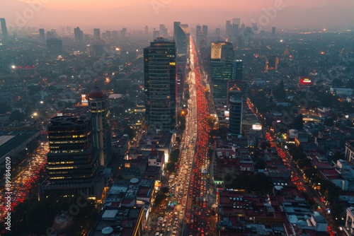 Aerial View of a City at Night, Mexico City's dense cityscape at rush hour, AI Generated © Ifti Digital