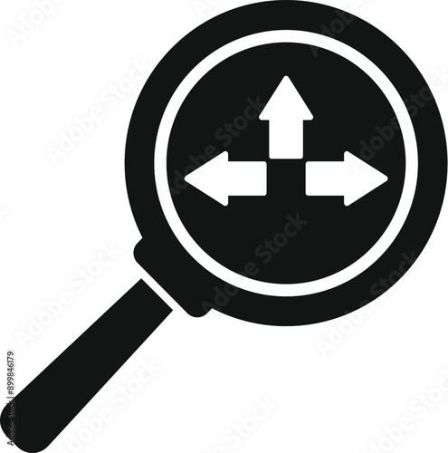 Magnifying glass is focusing on three arrows pointing in different directions, symbolizing the concept of exploring various possibilities and making informed decisions