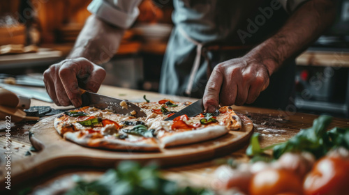 Anonymous person slicing pizza on a plate with a knife, wooden table setting, leisure time in a cozy restaurant.