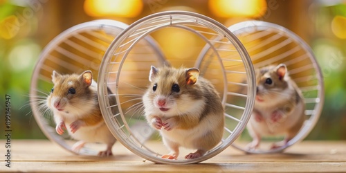 Fototapeta Naklejka Na Ścianę i Meble -  Three Hamsters in a Wheel - A Cute and Playful Composition, hamster , rodent , cute , animals