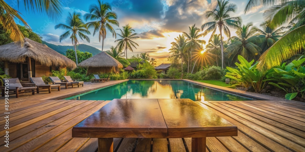 Obraz premium Tropical Sunset Poolside Table A Wooden Perspective, Palm Trees, Sunset, Pool, Table, tropical, paradise