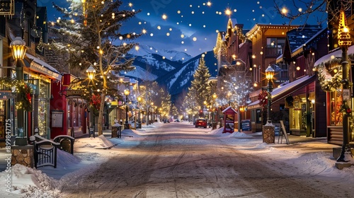 Breckenridge, Colorado, USA downtown streets at night in the winter with holiday lighting