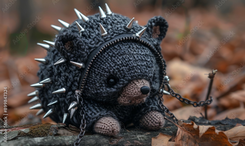 Fototapeta premium knitted black hedgehog with metal spikes, chains, zippers