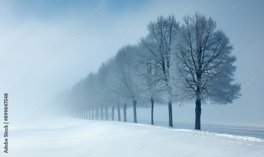 Line of trees in a misty snowy landscape view in the countryside Line of trees in a misty snowy landscape view in the countryside