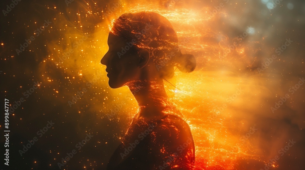 Human figure, woman silhouette, energy that releases from the body, power. Integration of artificial intelligence and human beings, exploitation of potential. Ai generative Human figure, woman silhouette, energy that releases from the body, power. Integration of artificial intelligence and human beings, exploitation of potential. Ai generative