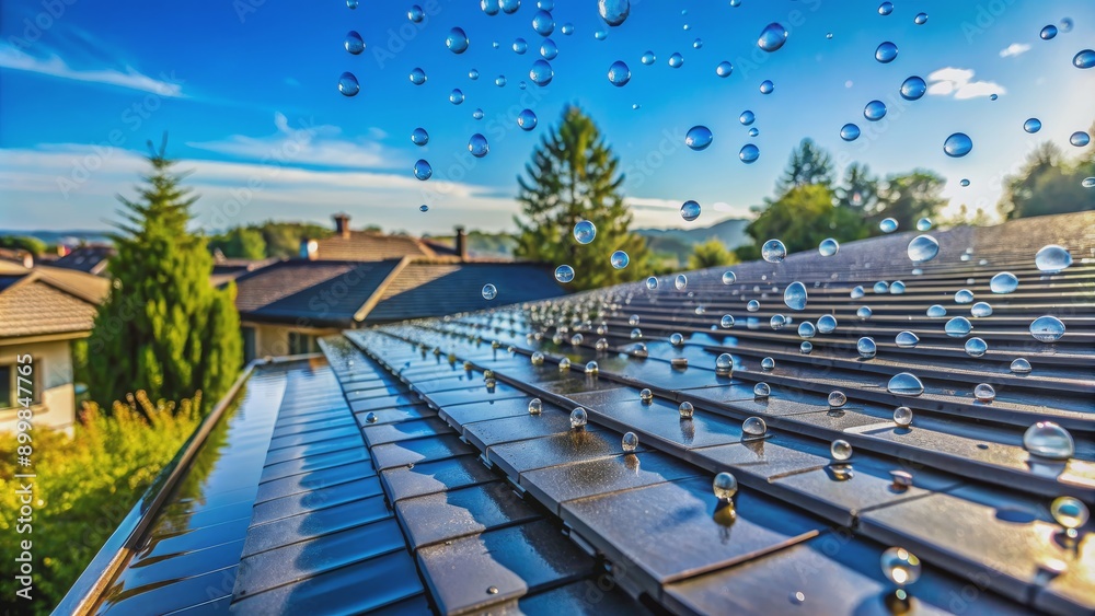 Obraz premium Water Drops Falling on Roof, Close Up, Water Drops, Roof, Texture, Blue Sky, Rain