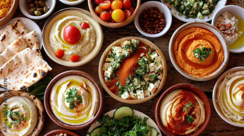 Delicious Mediterranean spread: Israeli cuisine with fresh healthy food like hummus, pita, and salad. Emphasizing Mediterranean diet.