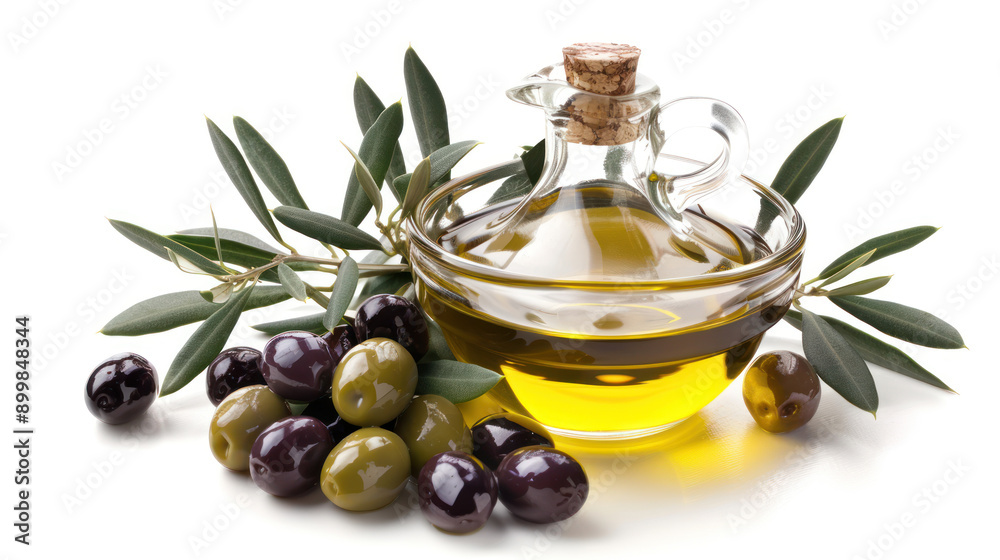 A glass bowl of olive oil is surrounded by a bunch of green leaves A glass bowl of olive oil is surrounded by a bunch of green leaves