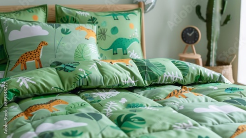Fototapeta Naklejka Na Ścianę i Meble -  Children's bedding set with green background featuring playful dinosaur illustrations, creating a fun and vibrant bedroom decor