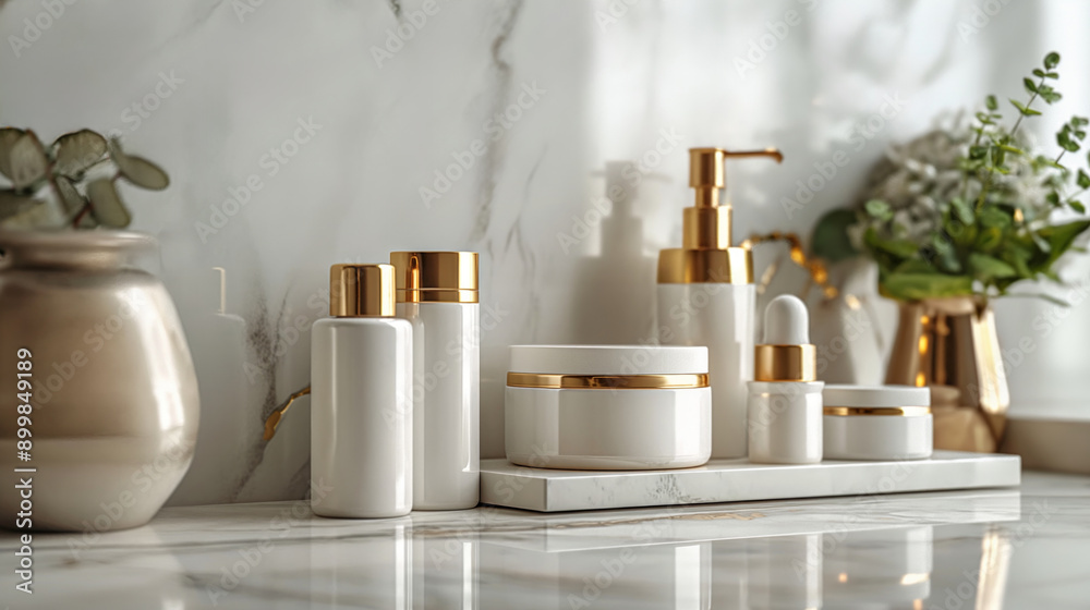 Skincare products in white bottles with gold caps on a marble surface next to a vase and greenery. Skincare products in white bottles with gold caps on a marble surface next to a vase and greenery.
