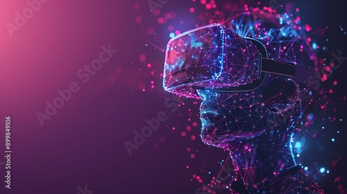 Man wearing VR glasses. Metaverse experience concept. Low poly wireframe style design.
