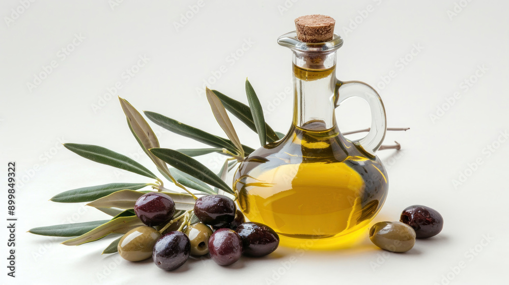 Delicious olive oil in a glass bowl, surrounded by fresh olives and leaves, with an olive oil bottle, on a white background. Delicious olive oil in a glass bowl, surrounded by fresh olives and leaves, with an olive oil bottle, on a white background.