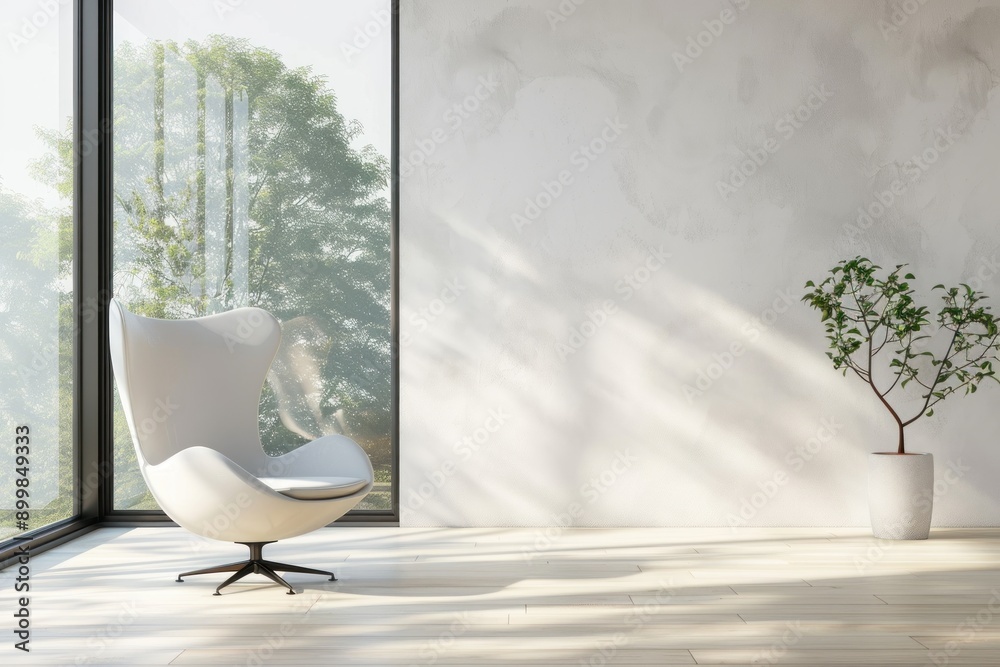 Modern minimalist interior with a single white chair bathed in natural light from a large window Modern minimalist interior with a single white chair bathed in natural light from a large window