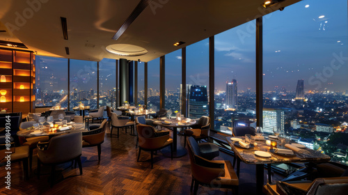 Obraz na płótnie Elegant dining at the Rooftop Restaurant and Moon Bar, Banyan Tree Hotel, 61st floor, with panoramic views of Bangkok on Sathorn Road. w salonie