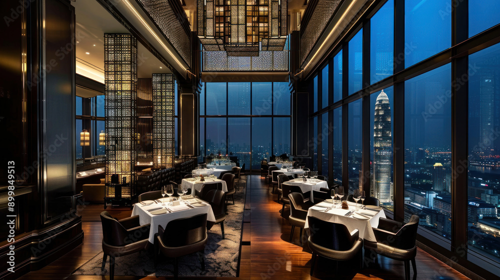 Elegant dining at the Rooftop Restaurant and Moon Bar, Banyan Tree Hotel, 61st floor, with panoramic views of Bangkok on Sathorn Road.