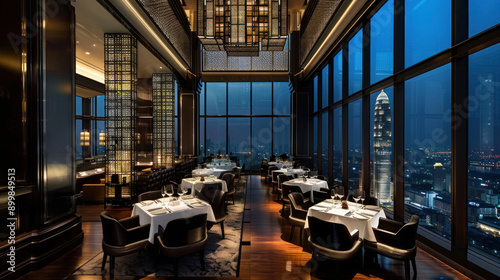 Obraz na płótnie Elegant dining at the Rooftop Restaurant and Moon Bar, Banyan Tree Hotel, 61st floor, with panoramic views of Bangkok on Sathorn Road. w salonie
