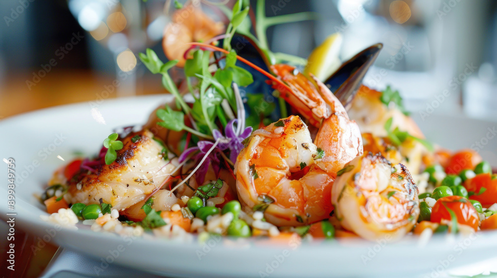 Artfully presented seafood dish with vibrant garnishes, capturing the essence of exquisite culinary craftsmanship and gourmet appeal. Artfully presented seafood dish with vibrant garnishes, capturing the essence of exquisite culinary craftsmanship and gourmet appeal.
