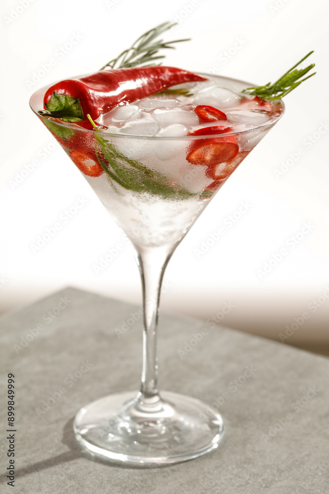 A refreshing cocktail with cold water with ice cubes, hot pepper and rosemary, and free copy space for products. Mocktail on a moody summer day. A refreshing cocktail with cold water with ice cubes, hot pepper and rosemary, and free copy space for products. Mocktail on a moody summer day.