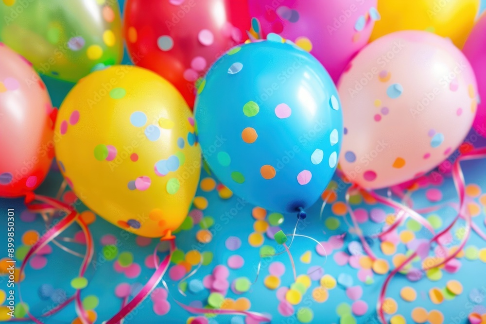 Multicolored balloons with confetti and ribbons, vibrant party setting Multicolored balloons with confetti and ribbons, vibrant party setting