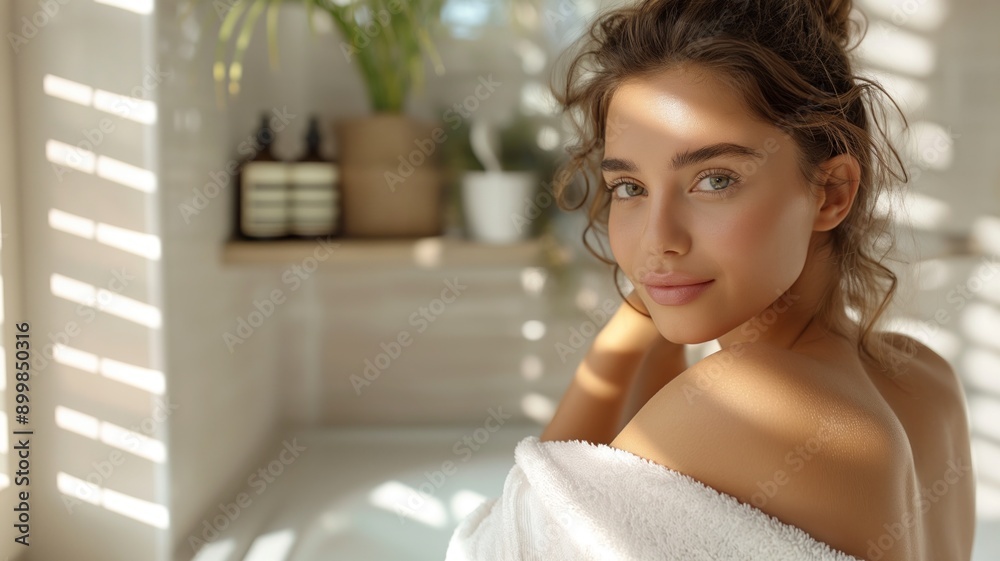 Serene woman wrapped in a towel with natural lighting and plants in the background. Serene woman wrapped in a towel with natural lighting and plants in the background.