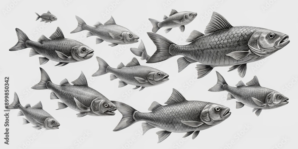 A School of Fish in Graphite, a Detailed Pencil Drawing of 9 Fish, Illustrative, Realistic, Aquatic Life, Fish, Graphite A School of Fish in Graphite, a Detailed Pencil Drawing of 9 Fish, Illustrative, Realistic, Aquatic Life, Fish, Graphite