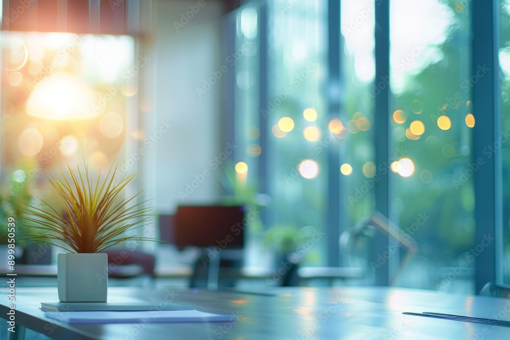 Office interior with glass windows, blurred background, modern workspace setting Office interior with glass windows, blurred background, modern workspace setting