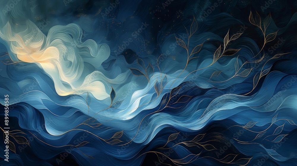 Abstract painting background with flowing waves and leaves in blue and teal, creating a serene, ethereal scene.