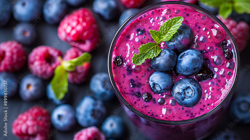 Blueberry smoothie in glass with fresh berries and mint, selective focus. Blueberry smoothie in glass with fresh berries and mint, selective focus.