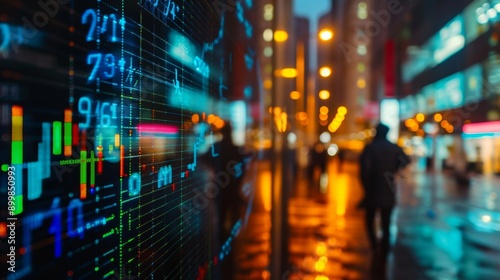 Wallpaper Mural This vibrant image shows a city street at night with stock market data reflected on a digital screen, creating a dynamic blend of urban life and financial information. Perfect for themes of finance Torontodigital.ca