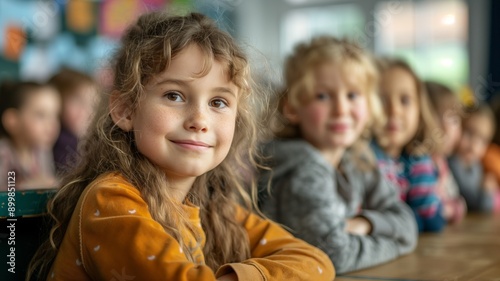 Children smiling and sitting together in a classroom, focusing on learning and enjoying their time.