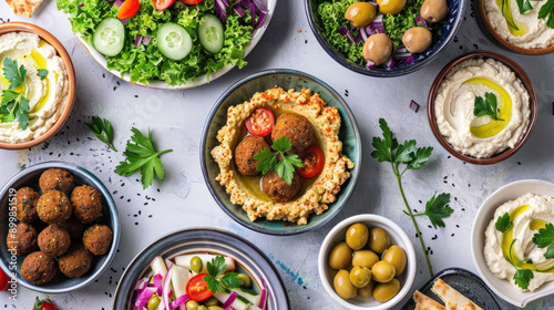 Delicious Mediterranean spread: Israeli cuisine with fresh healthy food like hummus, pita, and salad. Emphasizing Mediterranean diet.