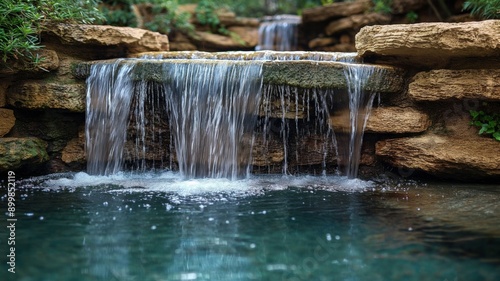 A tranquil waterfall cascades over rocks into a serene pool, surrounded by lush foliage.