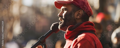 Man in red speaks into microphone at a rally. photo