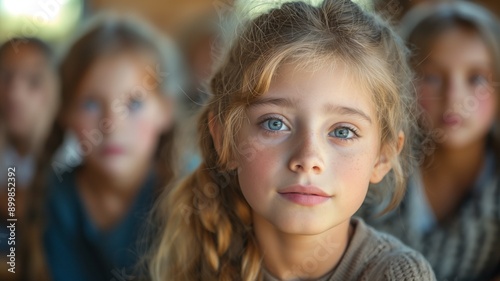 A girl with blue eyes and blonde hair looks into the camera, with friends blurred in the background.