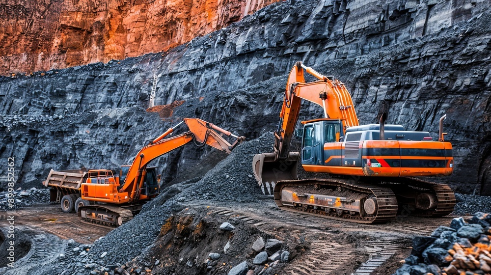 Excavator during excavation work. Road construction equipment. The concept of developing a deposit of something. Large scale mining operations. Illustration for poster, cover, brochure or presentation Excavator during excavation work. Road construction equipment. The concept of developing a deposit of something. Large scale mining operations. Illustration for poster, cover, brochure or presentation
