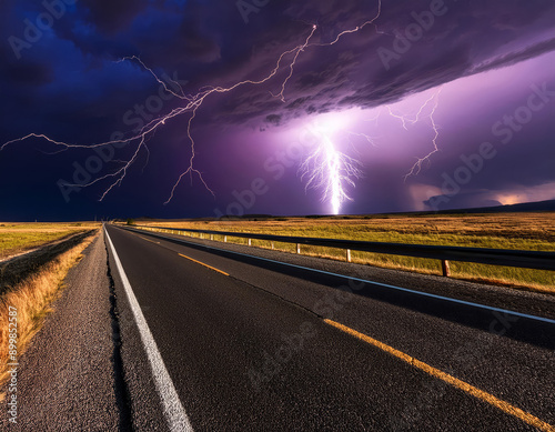 éclair un soir d'orage illumine le ciel violet photo