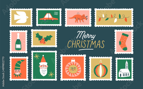 Merry Christmas vintage post card stamp illustration. Retro style winter holiday postage sticker collection, xmas celebration mail postmark, festive postal label.