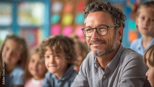 A teacher and his students smiling together in a colorful classroom.