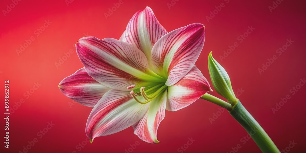 Fototapeta premium Amaryllis Bloom Against Red, Macro Photography, Flower, Petals, White, Red , amaryllis