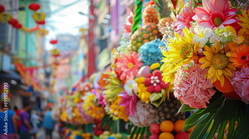 Kadayawan Festival, rows of floats decorated with flowers and fruits, colorful Davao city buildings in the background, Ai generated Images photo